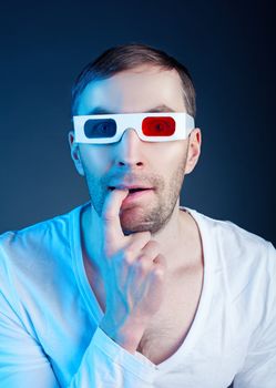 young man, looking through stereo glasses