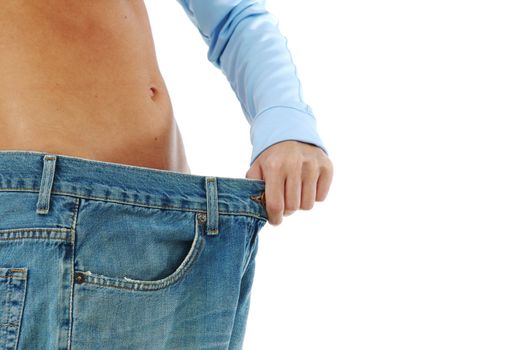 big jeans on small woman isolated