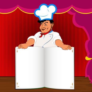 Funny Chef and book menu for Gourmet in interior restaurant
