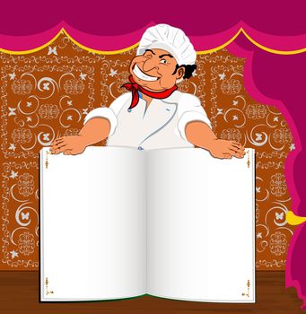 Funny Chef and book menu for Gourmet in interior restaurant
