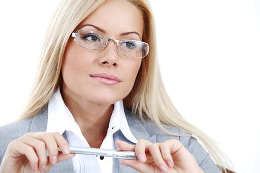 business woman in glasses on white background pen in hands