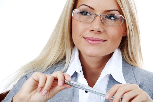 business woman in glasses on white background pen in hands