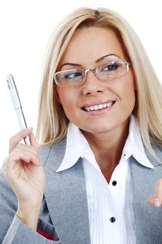 business woman in glasses on white background pen in hands