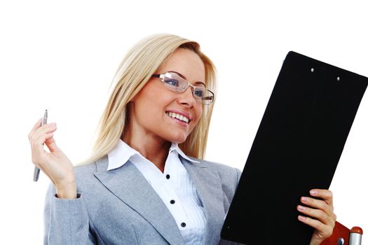 business woman hold a folder of papers  and write