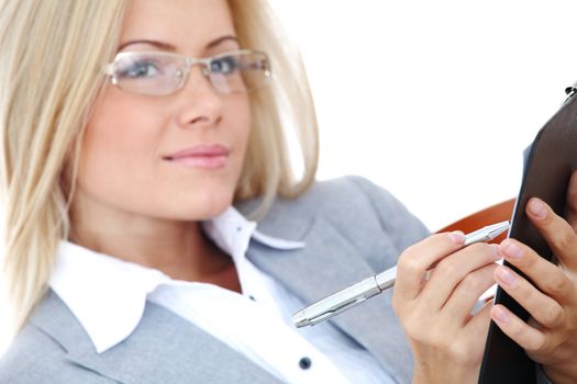 business woman hold a folder of papers  and write