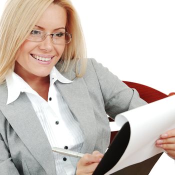 business woman hold a folder of papers  and write