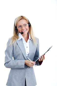 woman call with headset close portrait