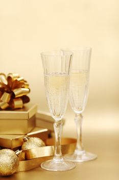 golden christmas background champagne gifts ball