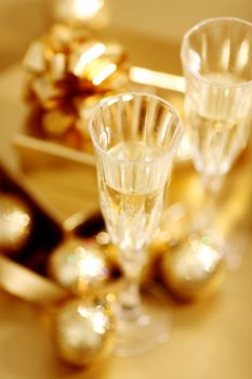 golden christmas background champagne gifts ball