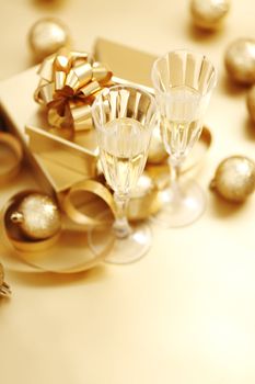 golden christmas background champagne gifts ball