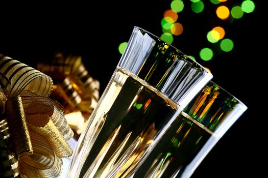 holiday card golden champagne and gift