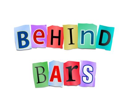 Illustration depicting cutout printed letters arranged to form the words behind bars.