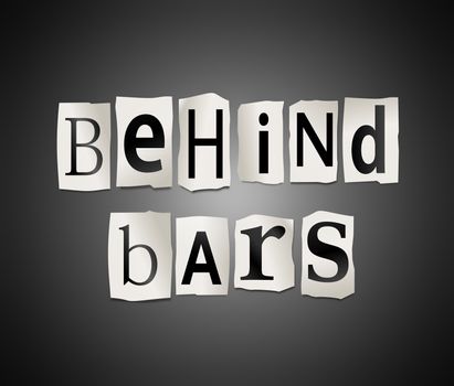 Illustration depicting cutout printed letters arranged to form the words behind bars.