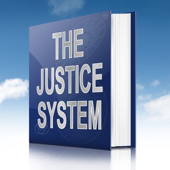 Illustration depicting a text book with a justice system concept title. Sky background.