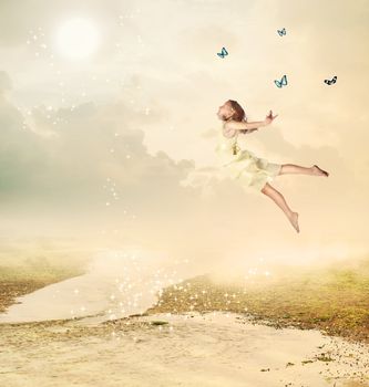 Little Blonde Girl Flying with Butterflies at Twilight 