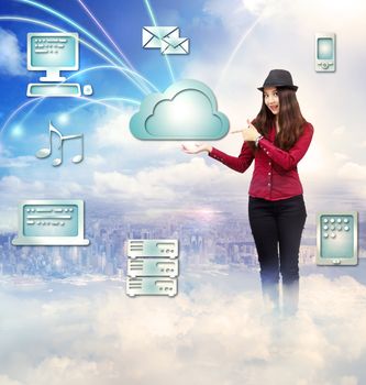 Happy young woman with cloud computing, technology connectivity concept