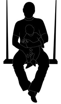 man sitting on a swing and holding a baby (silhouette)