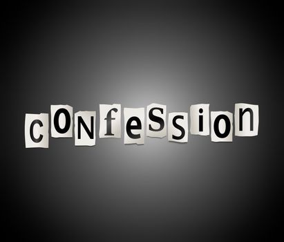 Illustration depicting cutout printed letters arranged to form the word confession.
