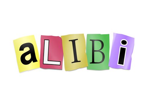 Illustration depicting cutout printed letters arranged to form the word alibi.