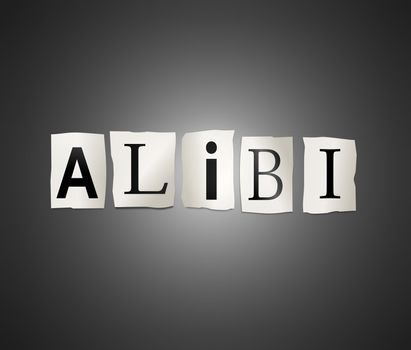 Illustration depicting cutout printed letters arranged to form the word alibi.