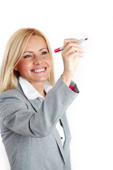 business woman draws on the glass