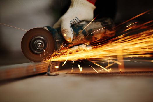 metal sawing close up sparks spray