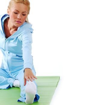 woman stretching close up on white