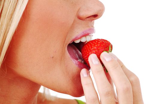 woman eat strawberry macro close up