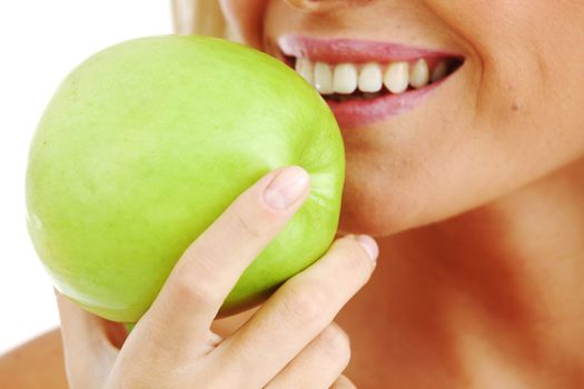 woman eat apple macro close up