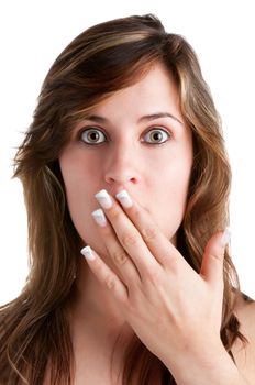 Shocked Woman Covering her Mouth with her hand, isolated in a white background