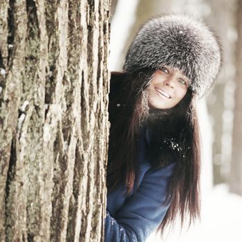 winter women close up portrait in frost forest