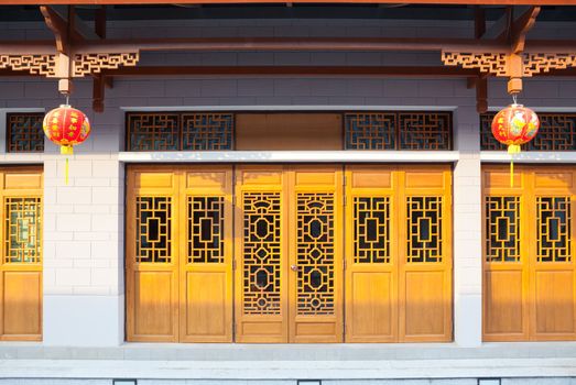 chinese ancient town and red lamp at day