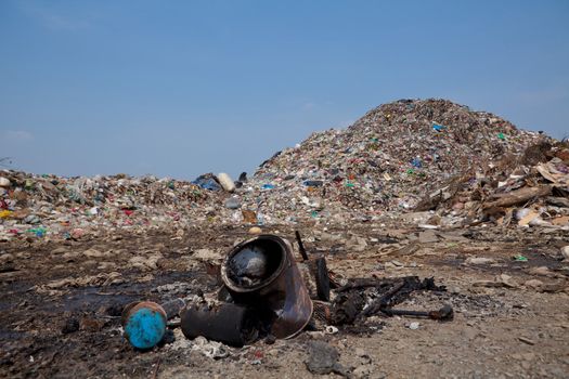 Garbage at a rubbish dump in a landfill site, pollution, Global warming