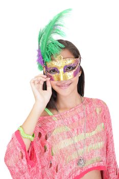 Portrait of attractive beautiful teenager wearing carnival mask