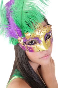 Beautiful young woman in carnival mask. Isolated on white background.