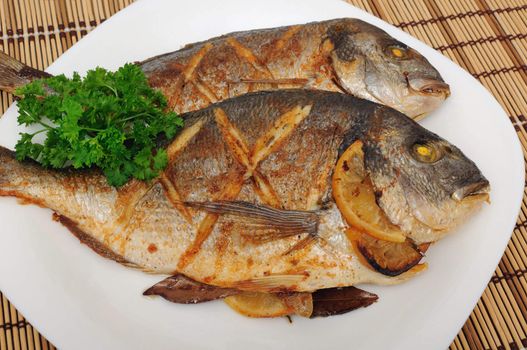 Dorado baked fish with lemon on a plate close-up
