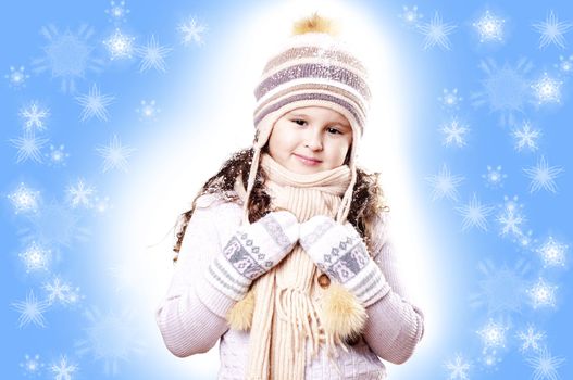 Winter Pleasant Girl snow flake blue  background