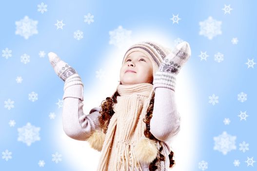 Winter Pleasant Girl snow flake blue  background