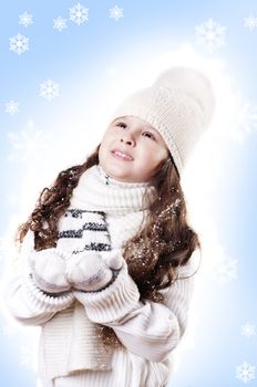 Winter Pleasant Girl snow flake blue  background