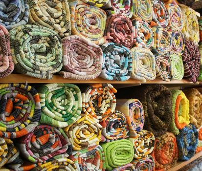 Typical rugs on display in a shop in Nijar, Almeria, Spain.