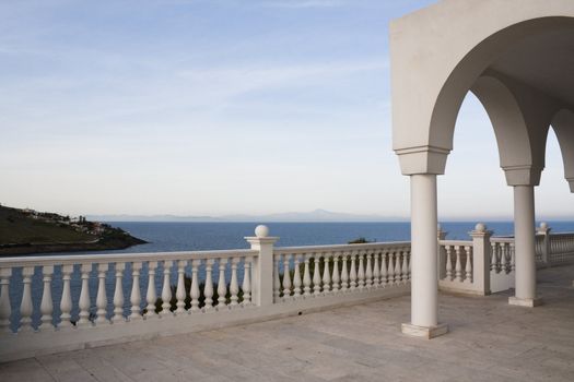 Balcony of an Orthodox church over the Aegean Sea near Athens, Greece.