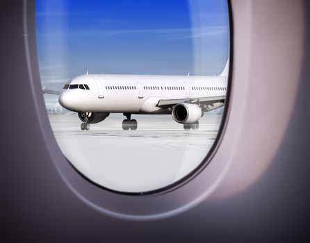 view of plane on runway through window, airport