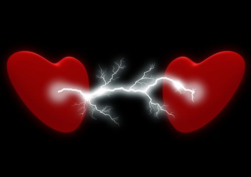 Two hearts with the electric discharge. It is isolated on a black background