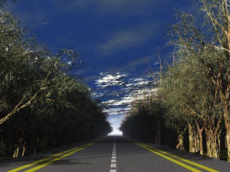 Highway with dense vegetation on a roadside - leaving in a distance (the contrast sky)