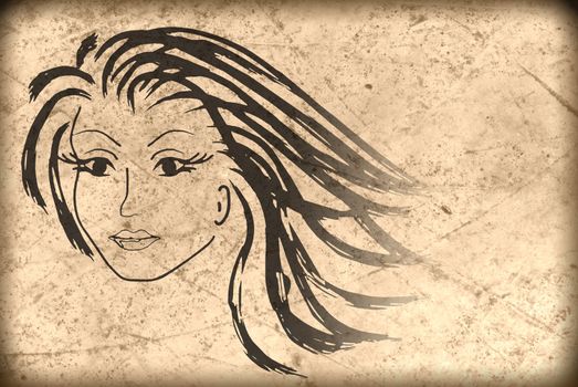 woman face on the old paper , grunge background