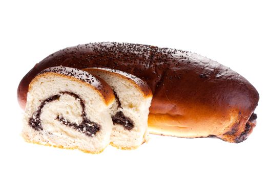 Sliced ​​bread with poppy seeds on a white background