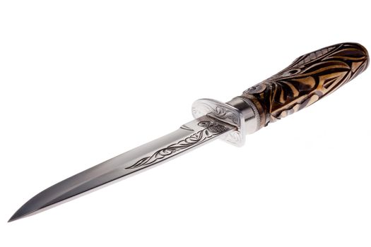 dagger with a wooden handle and engraved blade