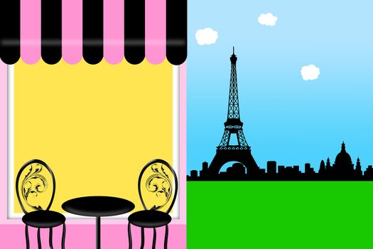 Cafe Bistro in Paris Outside Seating with Eiffel Tower Skyline Illustration