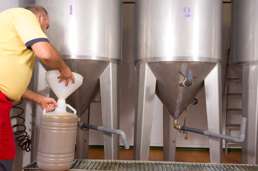 Farmer collecting the freshly pressed oil from his olive crop