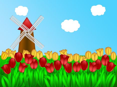 Dutch Windmill in Holland Tulips Field Farm Illustration